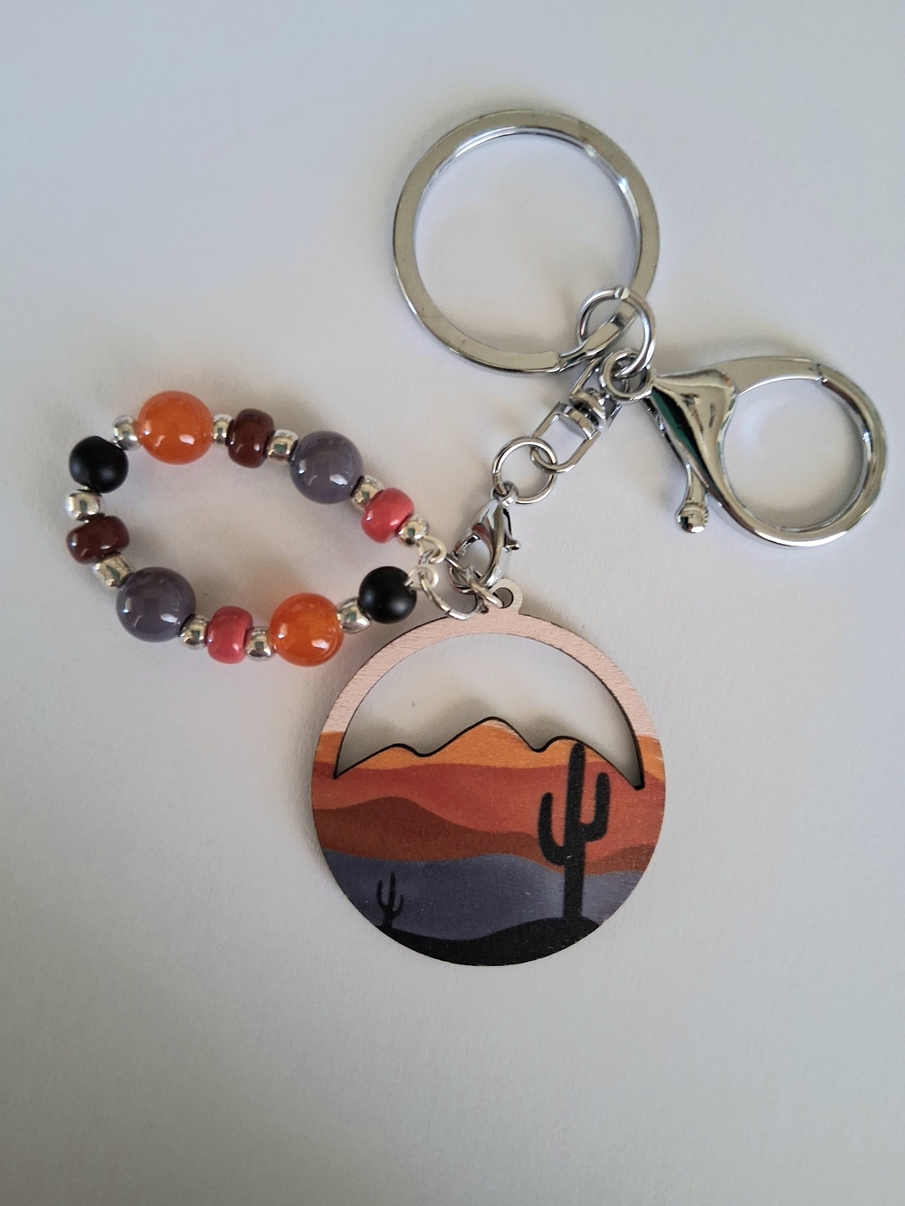 Desert Sunset Beaded Keychain with Cactus Pendant in Silver Tones